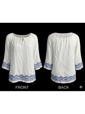 🦋 Vintage Y2K Old Navy Embroidered Peasant Boho Blouse Ivory Blue L 12-3 🦋